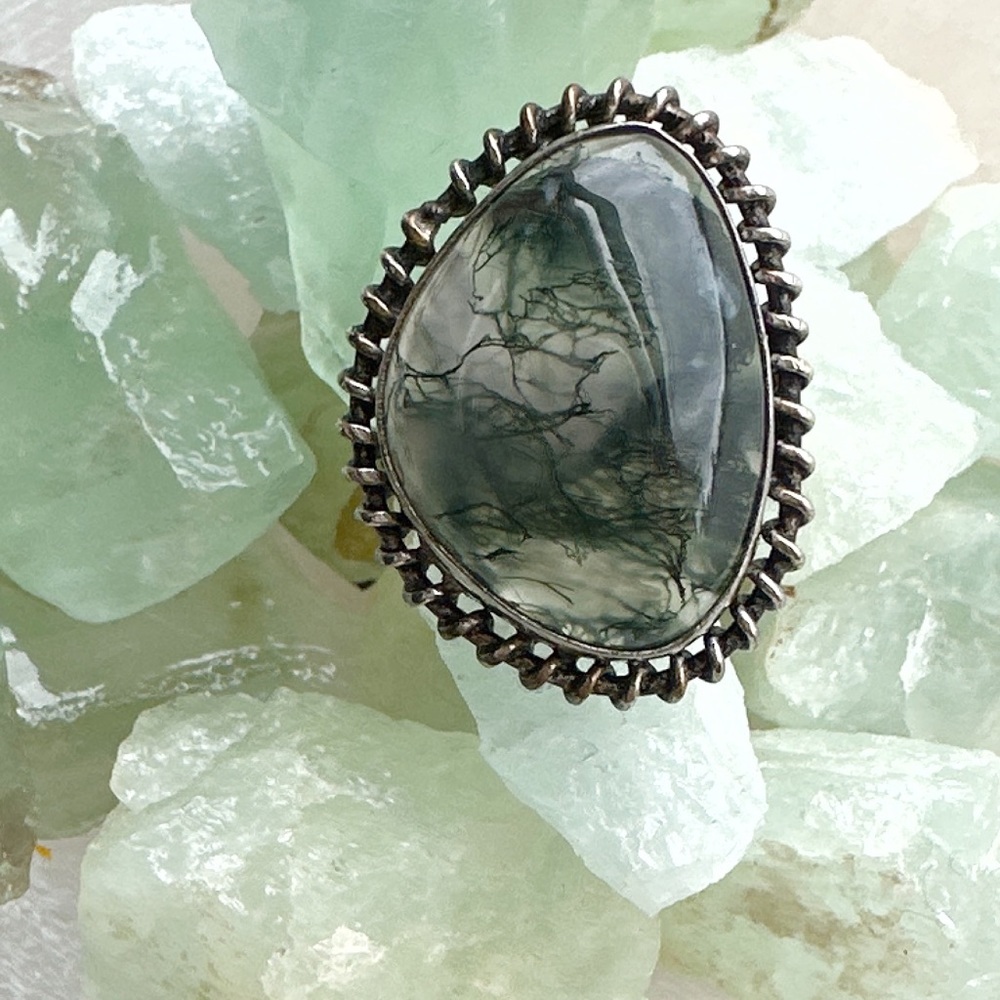 Moss agate statement cocktail Victorian ring/ Abundance and protection crystal
